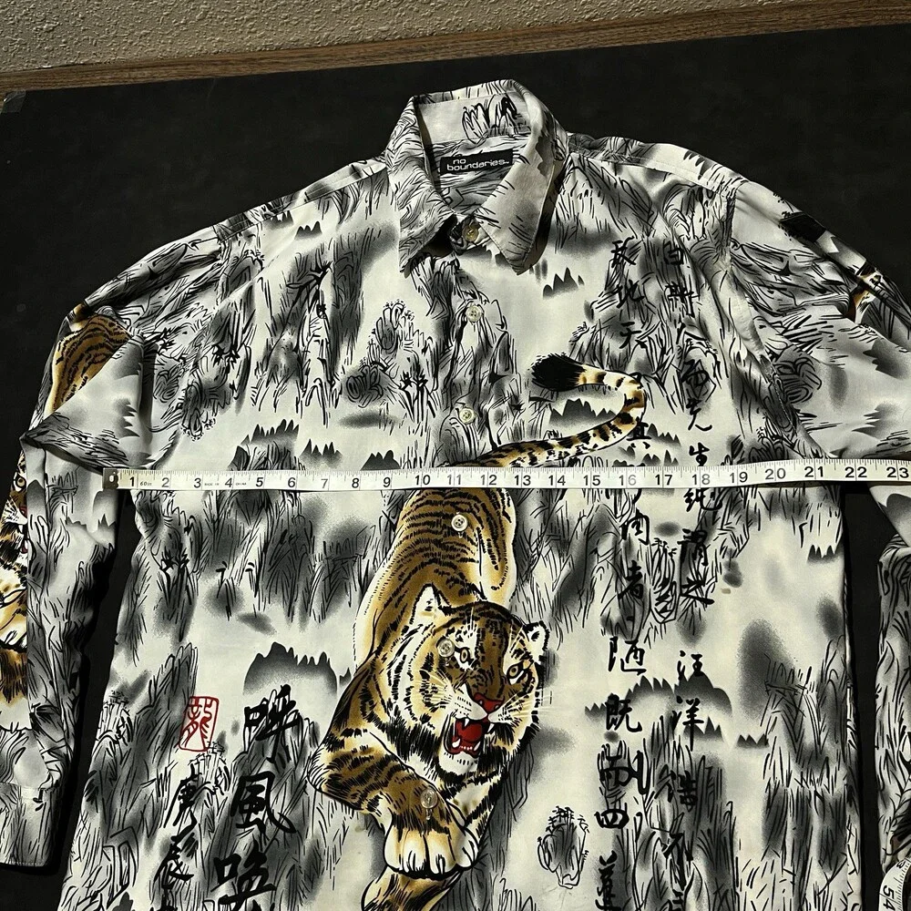 No Boundaries Green Yellow Dragon Abstract Asian Button Up Shirt Tiger Y2K AOP